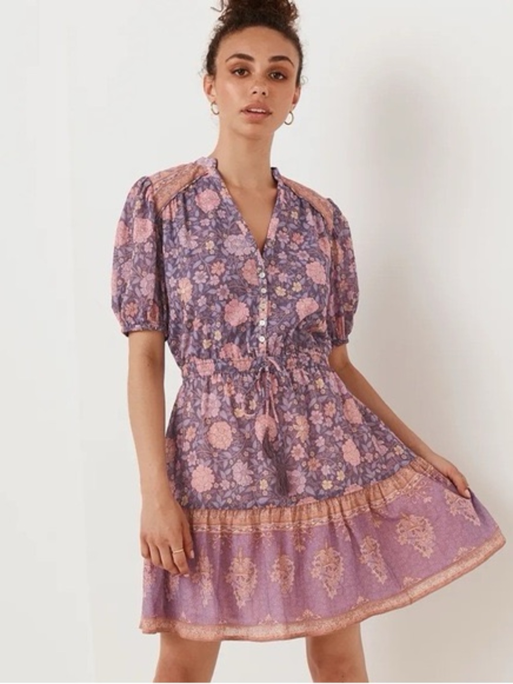 Sunday Up Purple Floral Short Sleeve Tie-Waist Dress